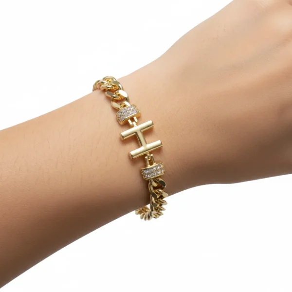 Taşlı H Harfi Gold Zincir Bileklik