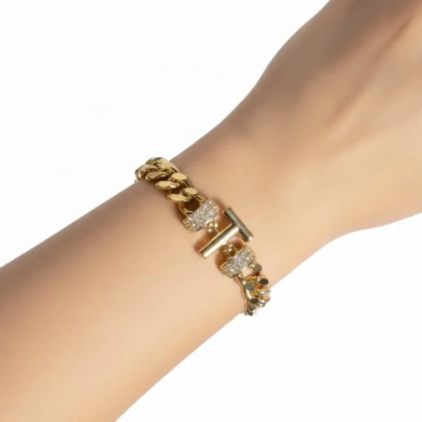 Taşlı T Harfi Gold Zincir Bileklik