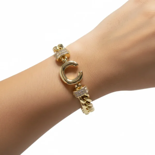 Taşlı C Harfi Gold Zincir Bileklik