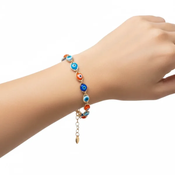 Renkli Nazar Boncuklu Gold Bileklik