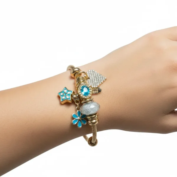 Mavi Taşlı Yıldız ve Kalp Charm Bileklik