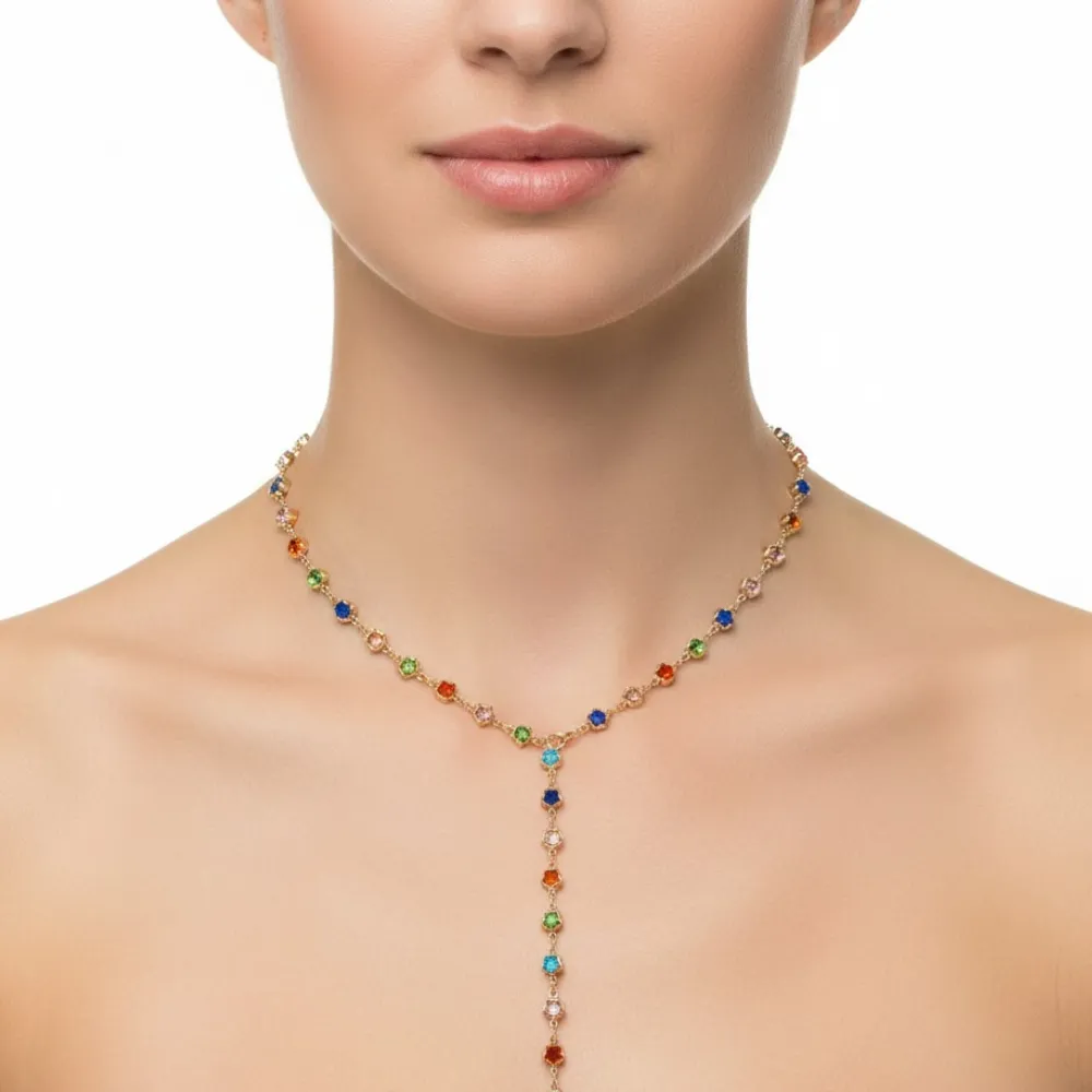 novazen-taki-26 Renkli Taşlı Gold İnce Zincir Kolye - Görsel 1