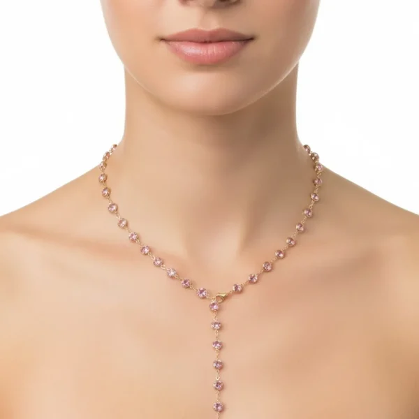 Pembe Taşlı Gold İnce Zincir Kolye