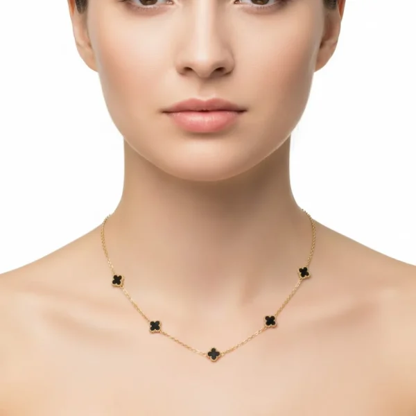 Siyah Mineli Beşli Yonca Gold Kolye