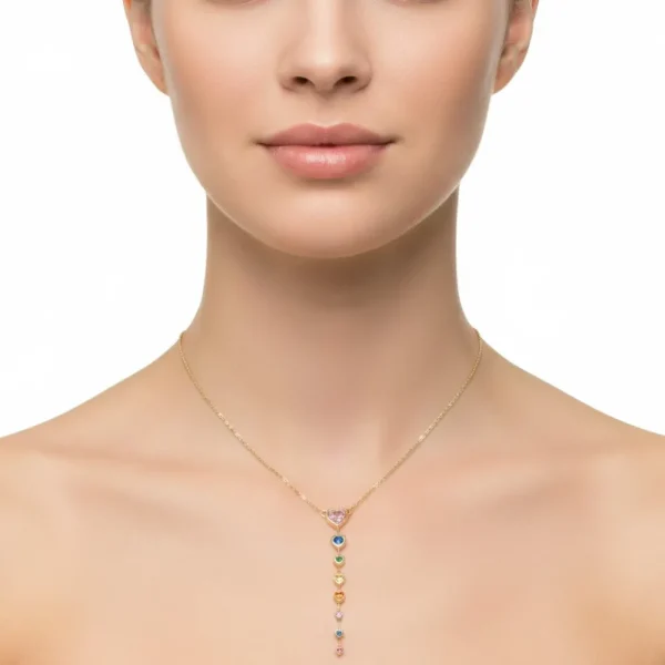 Renkli Kalp Taşlı Gold Sıralı Kolye