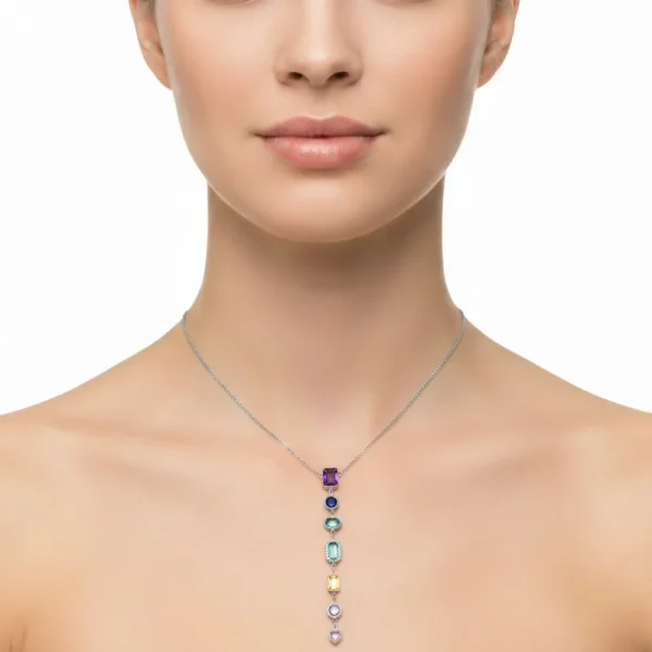 Renkli Baget Taşlı Gümüş Renk Kolye