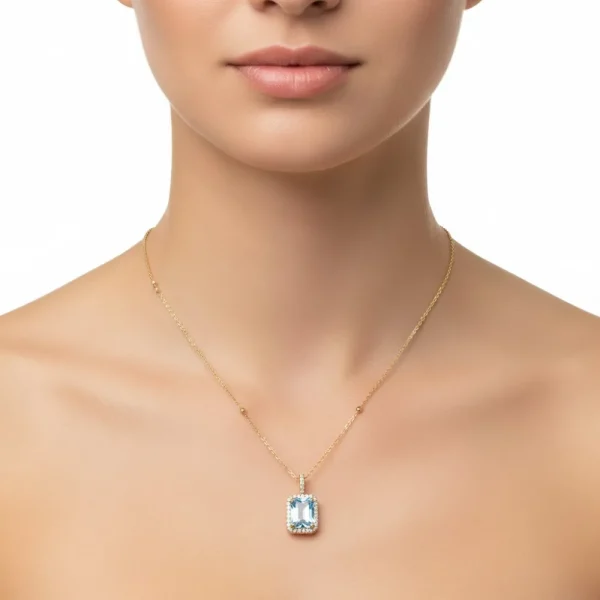 Mavi Baget Taşlı Gold Çerçeveli Kolye