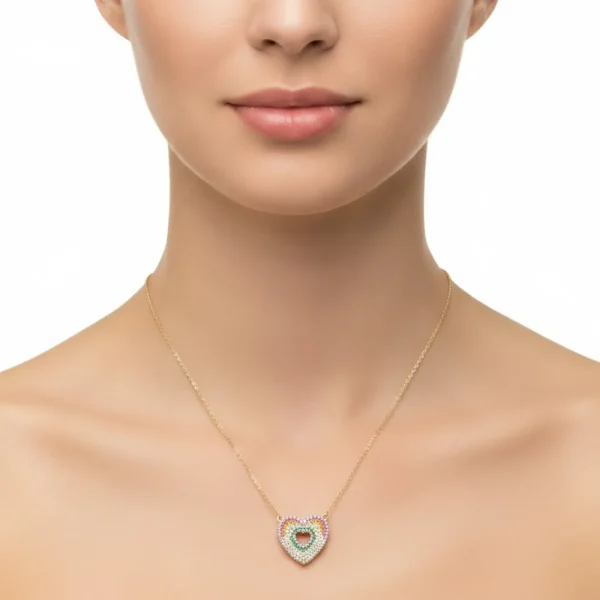 Renkli Taşlı Gold Kalp Figürlü Kolye
