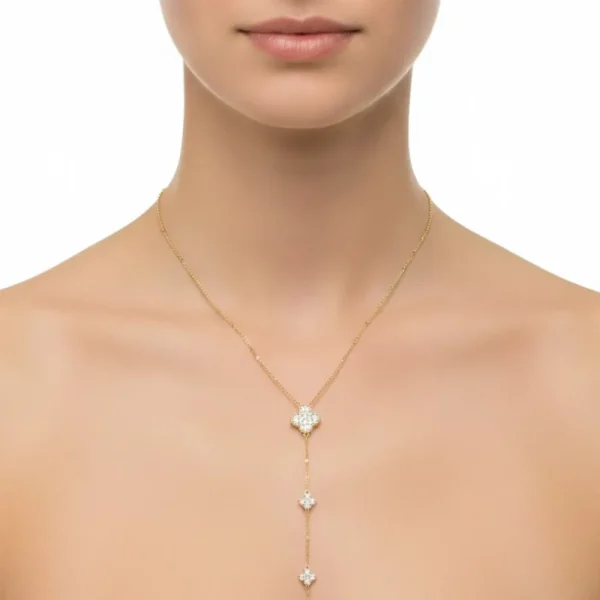 Gold Üçlü Taşlı Çiçek Figürlü Kolye